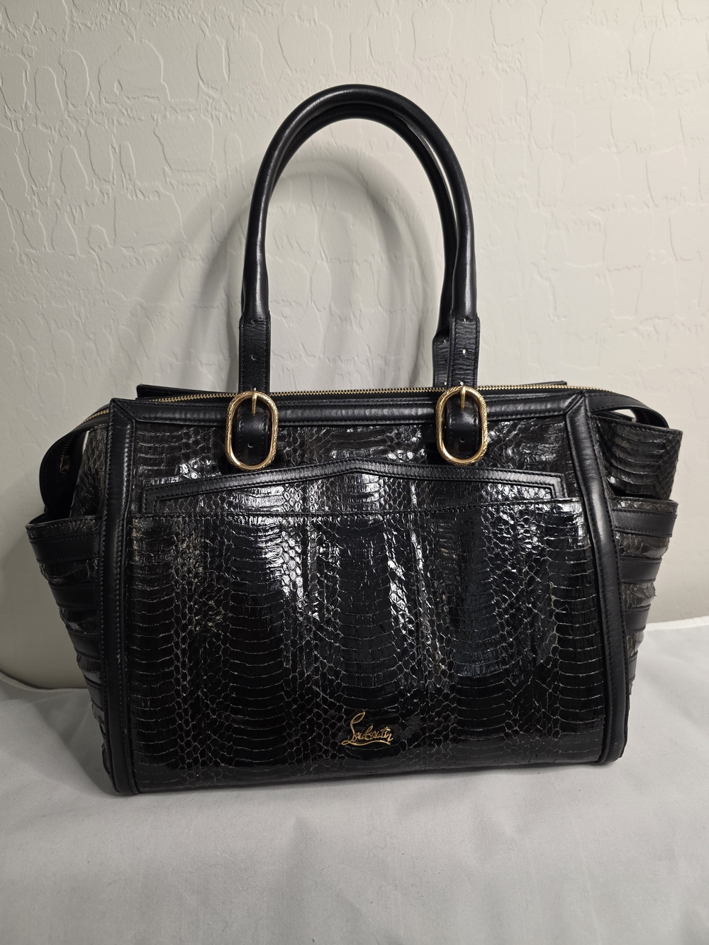 Christian Louboutin Black Croc-Embossed Leather Satchel